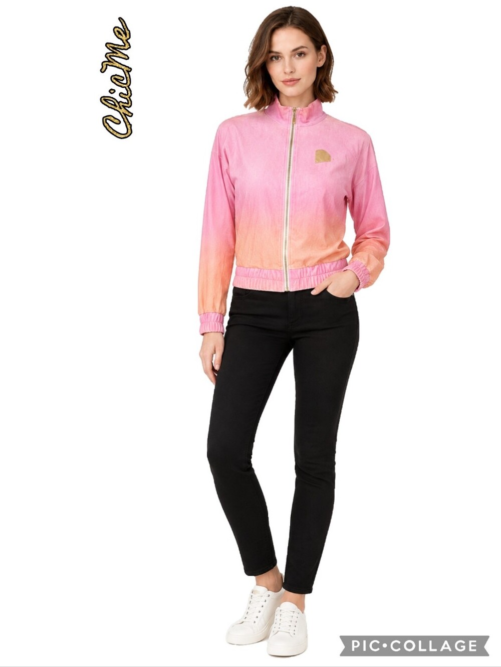 ChicMe zip front pink-peach ombre changes jacket elastic hem/cuffs high neck